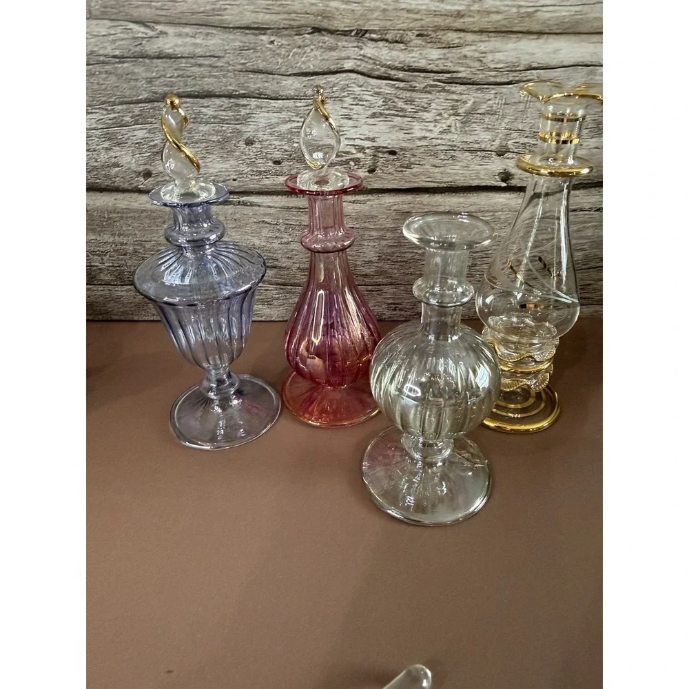 Vintage Egyptian Hand Blown Glass Perfume Bottle Set Etched SEE PICS